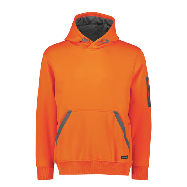 A close-up of an orange hoodie with a gray-lined hood, a front pocket with gray trim, and a gray zipper pocket on the left sleeve.