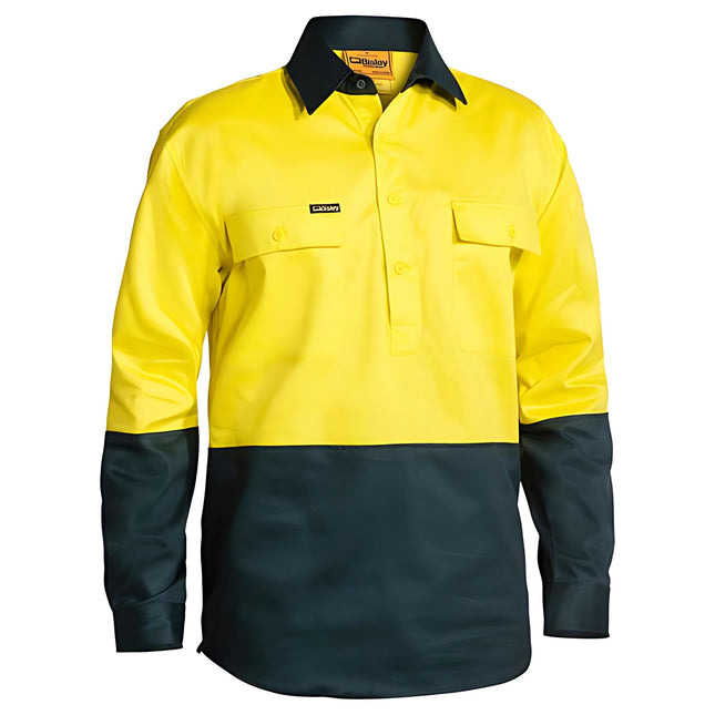 A neon yellow and dark blue long-sleeve work shirt with a black collar. It has a button-down front and two chest pockets with button flaps.