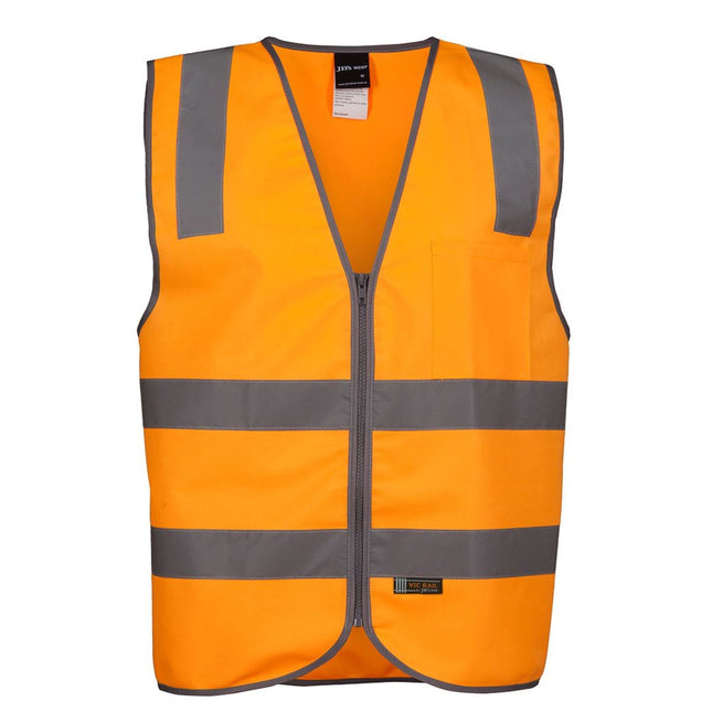 A front view of a high-visibility orange vest with a full zipper down the front and gray reflective stripes across the torso and shoulders. It has a V-neck and a front closure.