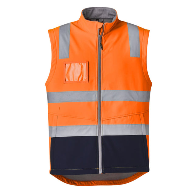 A close-up of an orange and dark blue work vest. It has a high collar, a transparent chest pocket, and gray reflective stripes.