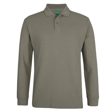 The JB's Wear 320G Long Sleeve Popcorn Cotton Polo by My Promo Shop features a plain olive green design with ribbed cuffs, two-button placket, and collar—ideal for workwear and showcased on a white background.