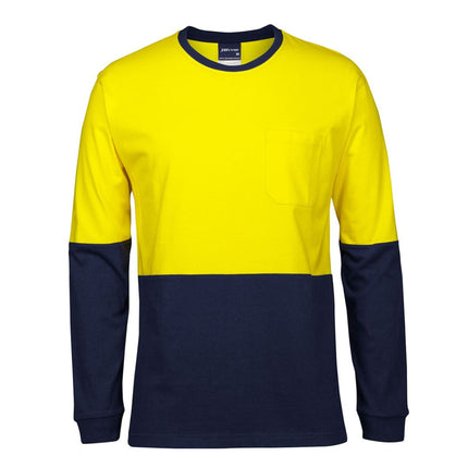 The JB's Wear Hi-Vis Long Sleeve Crew Neck T-Shirt from My Promo Shop features a bright yellow top, navy blue bottom and sleeves, and a chest pocket—perfect safety workwear for high visibility.