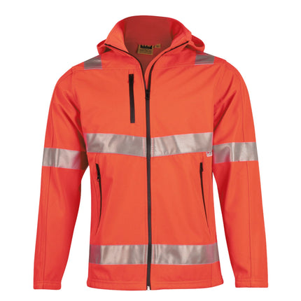 A close-up of a high-visibility orange work jacket. It has a high collar, a hood, and two wide, gray reflective stripes across the torso and arms.