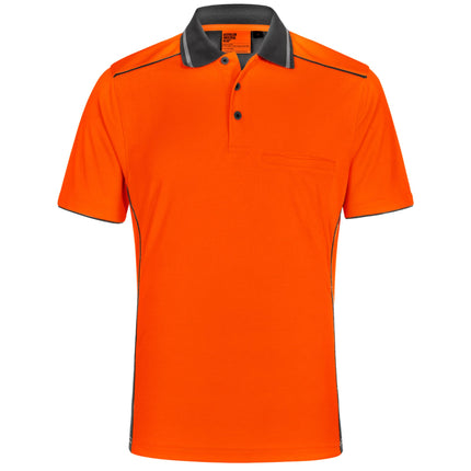 A bright orange short-sleeve polo shirt with a dark gray collar, piping, and a horizontal pocket on the chest.
