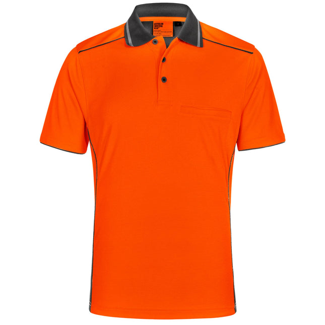 A bright orange short-sleeve polo shirt with a dark gray collar, piping, and a horizontal pocket on the chest.