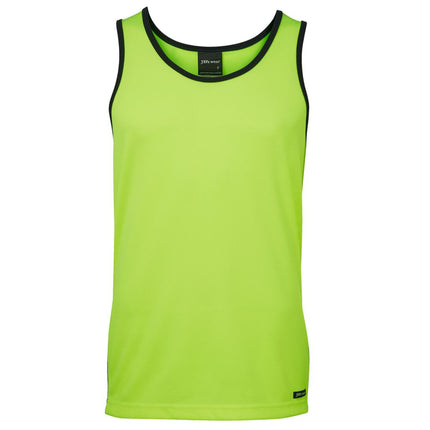 A front view of a neon yellow work tank top with a black ribbed collar and armholes. It has a relaxed fit and a straight hem.