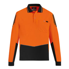 A bright orange and black long-sleeve polo shirt. It features black stripes on the shoulders/sleeves, a pocket, and contrast lower body and collar.