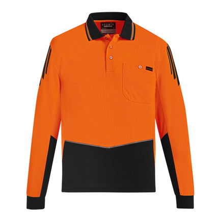 A bright orange and black long-sleeve polo shirt. It features black stripes on the shoulders/sleeves, a pocket, and contrast lower body and collar.