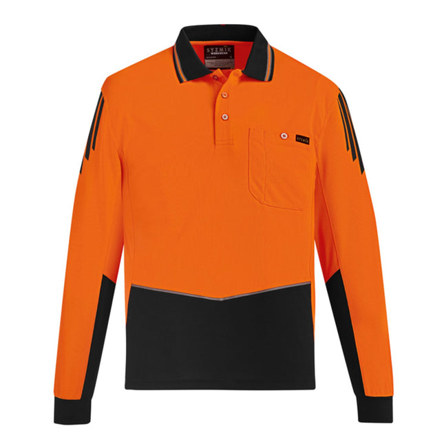 A bright orange and black long-sleeve polo shirt. It features black stripes on the shoulders/sleeves, a pocket, and contrast lower body and collar.