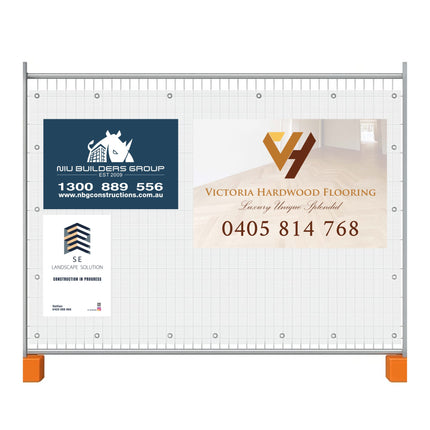 Metal sign holder with multiple business advertisements on a white background