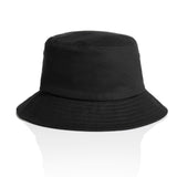 The AS Colour Kids Bucket Hat features a plain black fabric, wide downward-sloping brim, and visible stitching. Perfect for custom uniforms or personalised apparel in Australia with no minimum order.