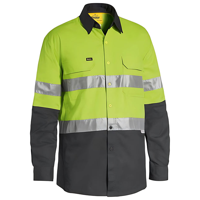A front view of a two-tone long-sleeve work shirt. The top is neon yellow with two gray reflective stripes, and the bottom, sleeves, and collar are dark gray.