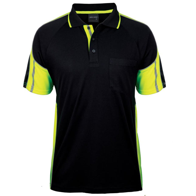 Black polo shirt with yellow accents on a white background