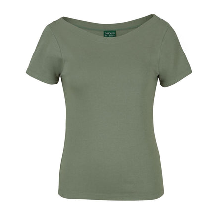 The JB's Wear Ladies Boat Neck Tee by My Promo Shop is a plain, short-sleeved, olive green 100% cotton women's top with a scoop neckline—ideal for staff uniforms or casual wear.