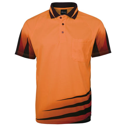 A front view of an orange short-sleeve polo shirt. It has a high collar with red stripes, a three-button front, and a black and red stripe pattern on the bottom left and sleeves.