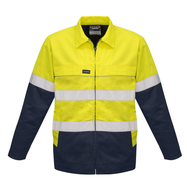 A front view of a long-sleeve, two-tone work jacket. The top is neon yellow, and the bottom and sleeves are dark blue with white reflective stripes.