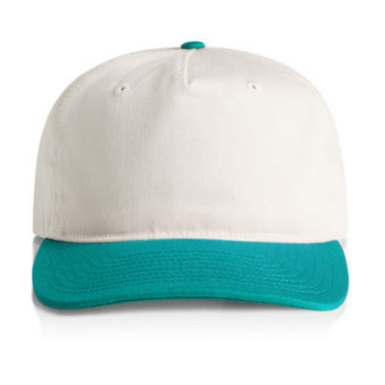 The AS Colour Class Two-Tone Cap by My Promo Shop features a white cotton snapback with a teal brim and matching top button, displayed from the front against a white background.
