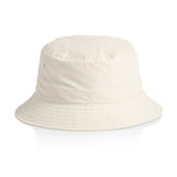 The AS Colour Personalised Nylon Bucket Hat, in plain off-white with stitched brim, is perfect for custom printing or branded headwear. No minimum order required—ideal for uniforms and custom apparel in Australia. Displayed on a white background.