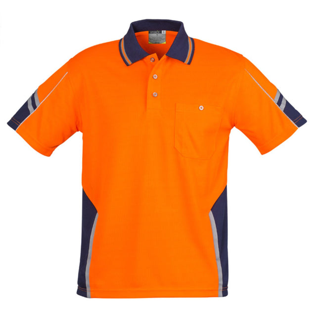 A bright orange and dark blue polo shirt with a pocket, collar, and gray reflective stripes on the sleeves and side panels.