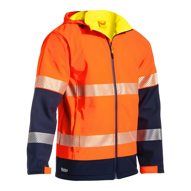 A front view of an orange and dark blue work jacket. The jacket has a high collar, two reflective stripes, and a gray zipper.