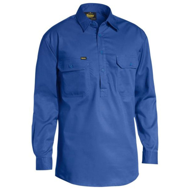 This Bisley men's long sleeve shirt combines lightweight, breathable drill fabric with a closed-front design for professional comfort and durability.
