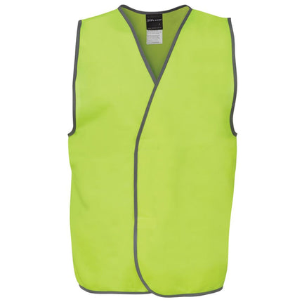 A front view of a neon yellow high-visibility vest with gray trim. The vest is open at the front, showing the V-neck design.