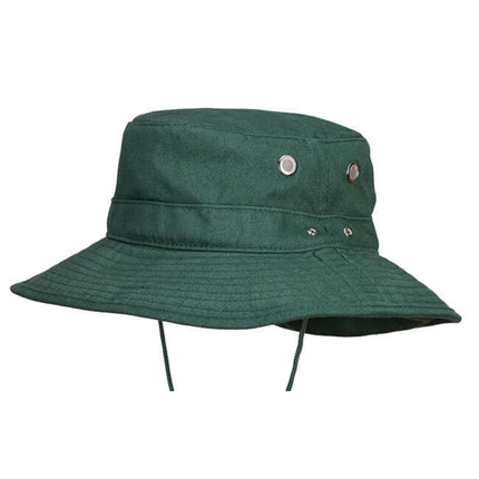 Green bucket hat with a strap on a white background
