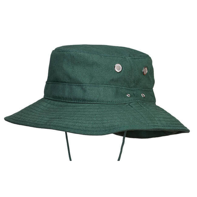 Green bucket hat with a strap on a white background