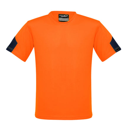 A close-up of an orange and dark blue work vest. It has a high collar, a clear chest pocket, and gray reflective stripes.