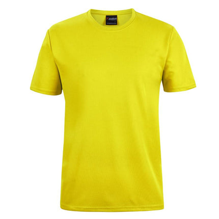 The JB's Wear Adult Podium Poly Tee by My Promo Shop is a plain, short-sleeved, bright yellow men's poly shirt with a crew neck and moisture-wicking fabric—perfect for event staff uniforms. Displayed on a white background.