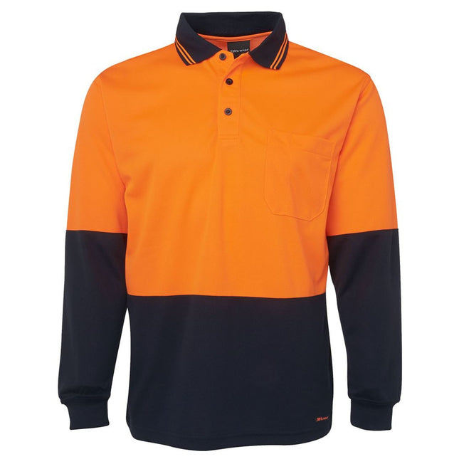 A close-up of a two-tone long-sleeve polo shirt. The top is orange, and the bottom is dark blue. It has a high collar, a three-button front, and a single chest pocket.