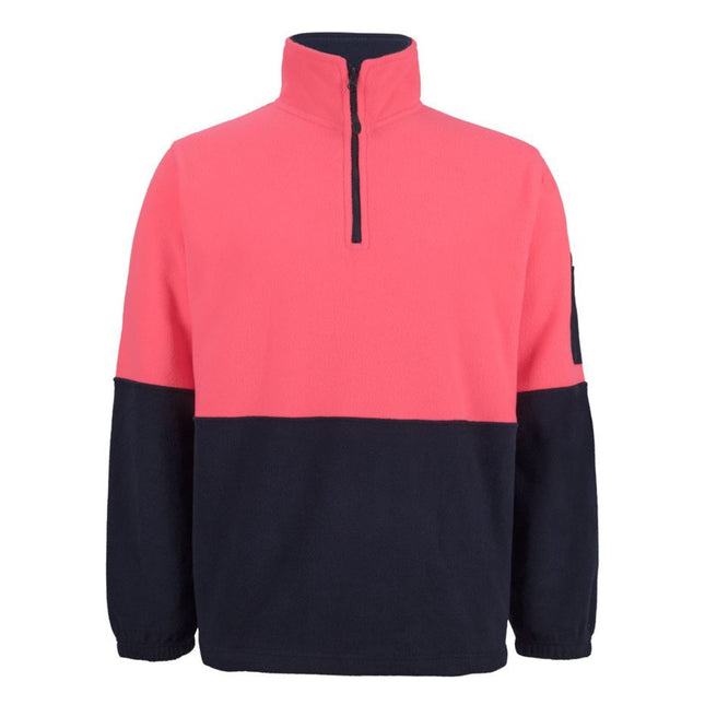 A front view of a two-tone fleece pullover. The top is bright pink, and the bottom and sleeves are dark blue. It has a half zipper on the high collar.