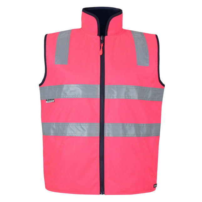  A front view of a bright pink, high-visibility work vest. It has a high collar with black trim and two gray reflective stripes across the torso.