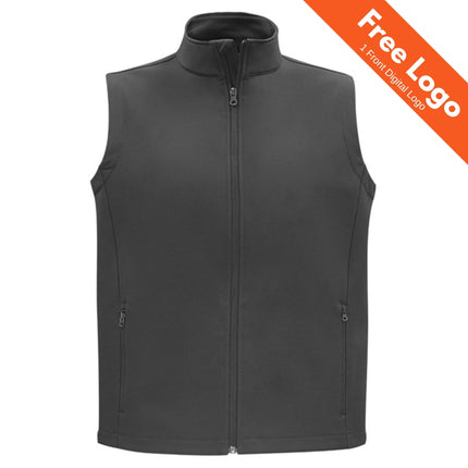 The Biz Collection Men's Apex 2-Layer Softshell Vest is shown sleeveless in black with two zippered pockets, against a white background. An orange banner states “Free Logo 1 Front Digital Logo”—ideal for custom branded workwear.