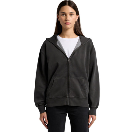 Front view of the faded black AS Colour Women's Relax Faded Zip Hood, showing the zipper and kangaroo pocket.