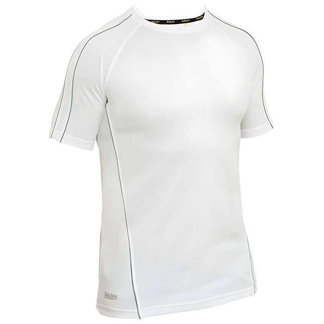 A close-up of a fitted white short-sleeve shirt. It has a high collar and gray piping on the sleeves and sides.