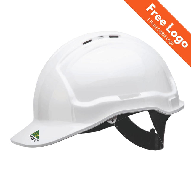 The Suregard Australian Made Hard Hat is a white custom safety helmet with an adjustable black strap and a green logo on the front. An orange banner reads "Free Logo 1 Front Digital Logo." Perfect for branding your team’s safety gear.