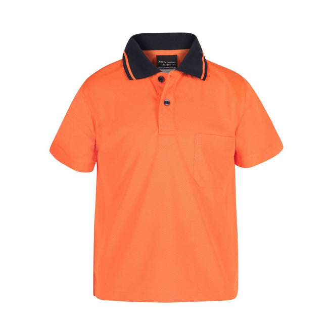 A front view of a bright orange short-sleeve polo shirt with a dark blue collar with two thin stripes. It has a single chest pocket and a relaxed fit.