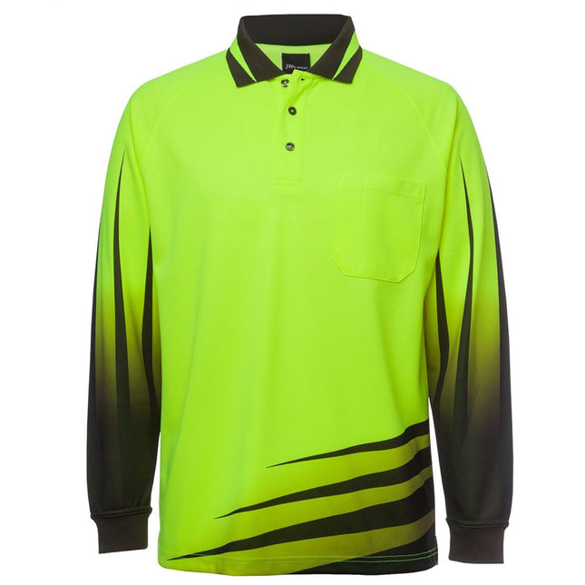 A front view of a long-sleeve polo shirt. The shirt is bright yellow with a black and gray striped pattern on the left side and a black and gray pattern on the sleeves. It has a high collar with two thin stripes.