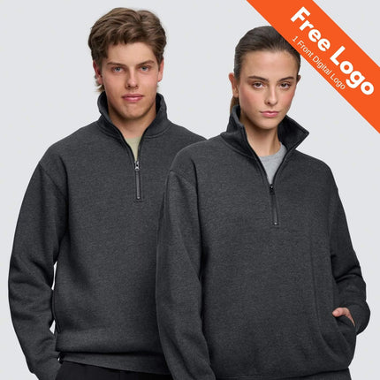 Two people wearing dark gray quarter-zip pullovers with a free logo offer on an orange banner.