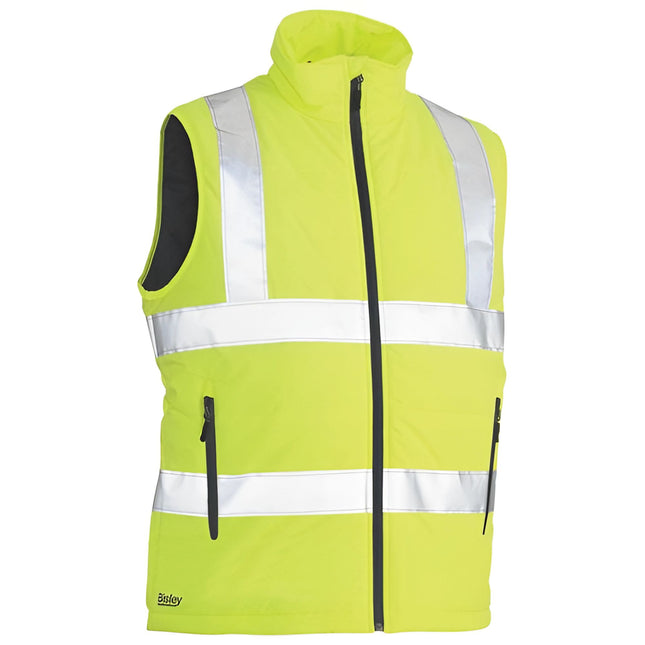 A close-up of a high-visibility neon yellow vest. It has a high collar, black zippers on the front and pockets, and wide reflective stripes.