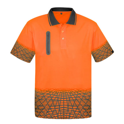 A bright orange polo shirt with a dark gray collar, a zippered chest pocket, and a black geometric pattern on the hem and sleeves.