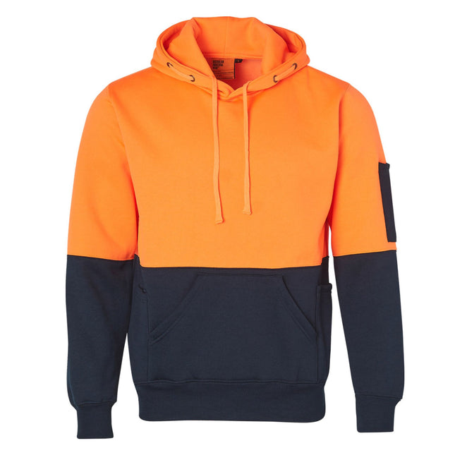 A close-up of a two-tone hoodie. The top is bright orange, and the bottom is dark blue. It has a hood, a large front pocket, and a small black pocket on the left sleeve.