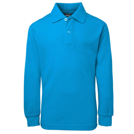 The My Promo Shop JB's Wear Kids Long Sleeve 210 Polo is a bright blue collared shirt with two placket buttons and UPF protection, shown on a plain white background.
