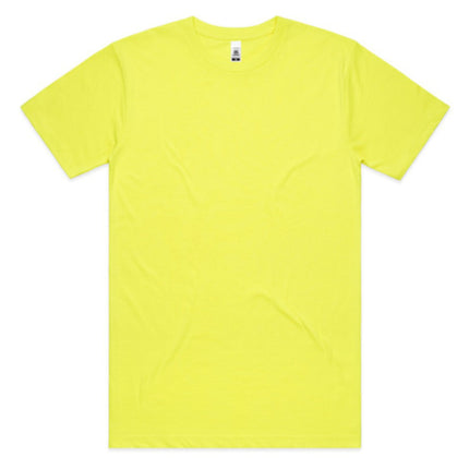 A front view of a simple, fitted neon yellow short-sleeve t-shirt with a crew neck.