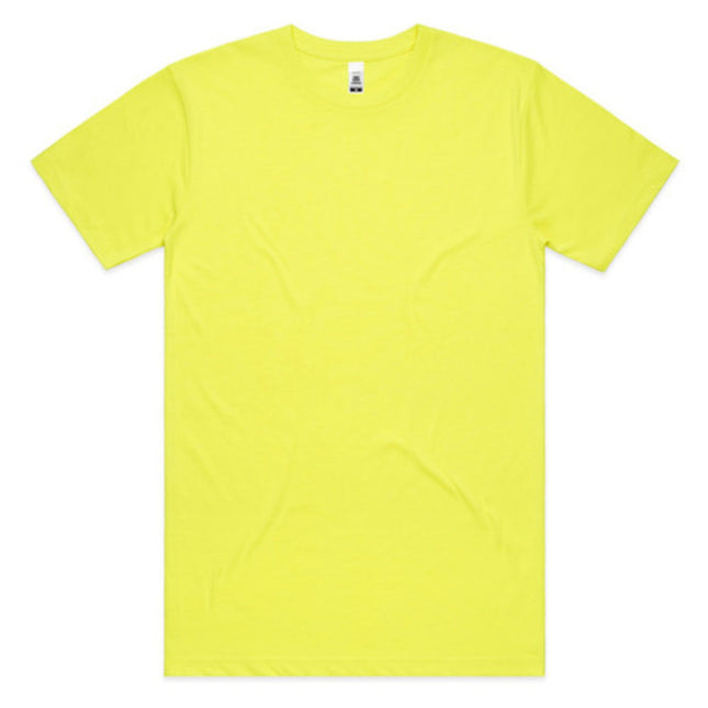 A front view of a simple, fitted neon yellow short-sleeve t-shirt with a crew neck.