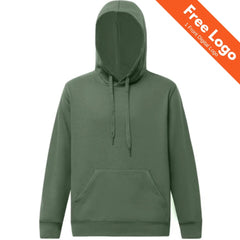 The Winning Spirit Unisex Passion Fleece Hoodie in olive green features a front pocket and drawstrings. An orange banner offers Free Logo | 1 Front Digital Logo—ideal for custom uniforms or branded workwear from Winning Spirit.