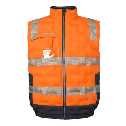 A front view of a high-visibility orange and black padded work vest. It has a high collar with black trim and two wide, gray reflective stripes across the torso and two on the shoulders.