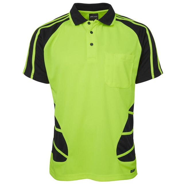 A front view of a neon yellow and black short-sleeve polo shirt. It has a high collar, a single chest pocket, and a black striped pattern on the sides and sleeves.