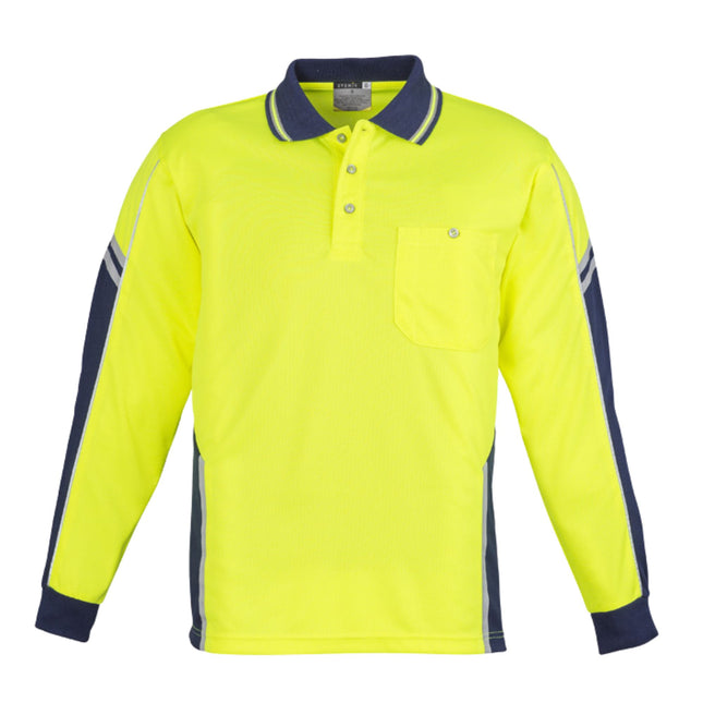 A front view of a neon yellow and dark blue long-sleeve polo shirt. It has reflective stripes on the sleeves and a single chest pocket.